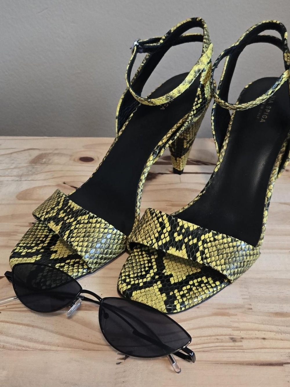 Via Spiga Yellow Snake-Print Ankle Strap Heels
